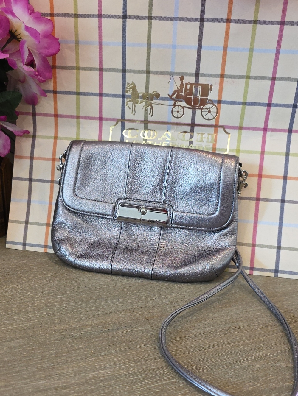 Coach Kristin Silver Metallic Leather Crossbody